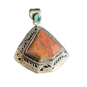 Large Sterling & Multi Gemstone Pendant Red Jasper & Blue Topaz Open Work 2"
